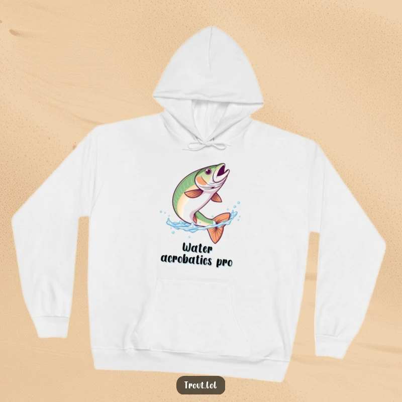 Funny hoodie featuring a trout mid-graceful flip in crystal clear blue water, representing freedom and aquatic artistry.