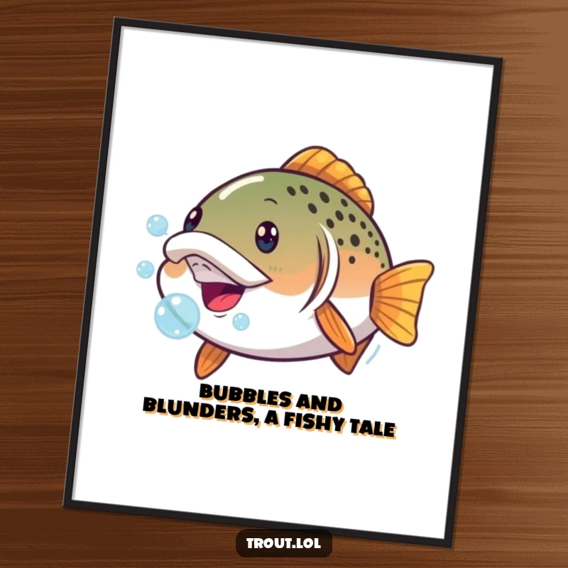 Funny free printable wall art of a trout making a silly, exaggerated face while blowing a series of bubbles underwater.