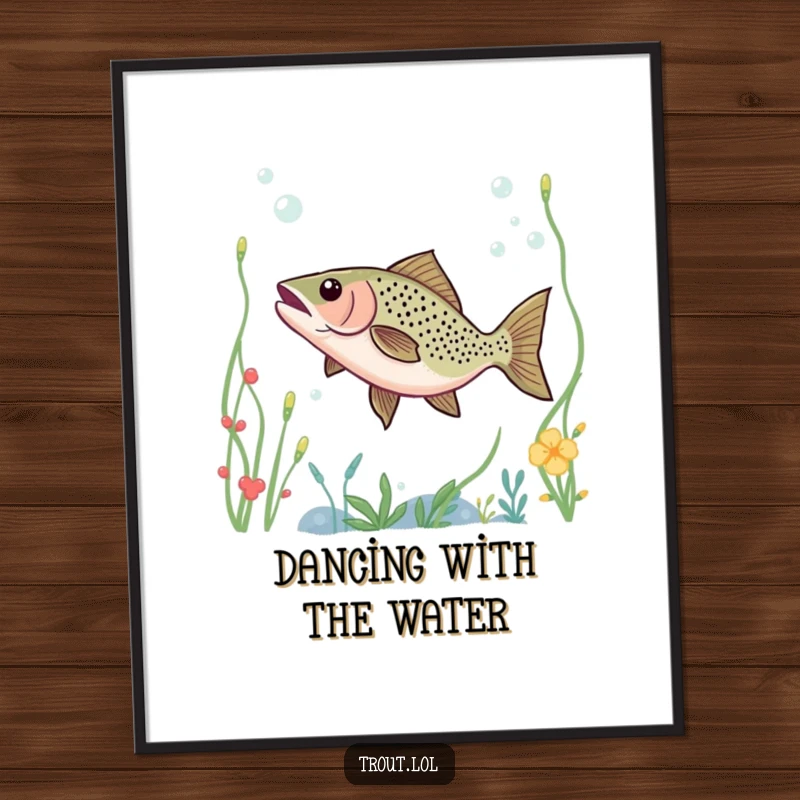 Funny Free Printable Wall Art: A trout gracefully dances through vibrant underwater plants, creating a scene of lively aquatic beauty.