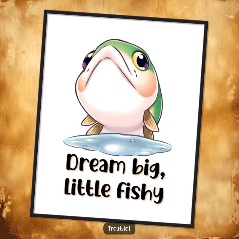 Funny Free Printable Wall Art of a trout looking up at the surface with wide, curious eyes, inviting wonder.
