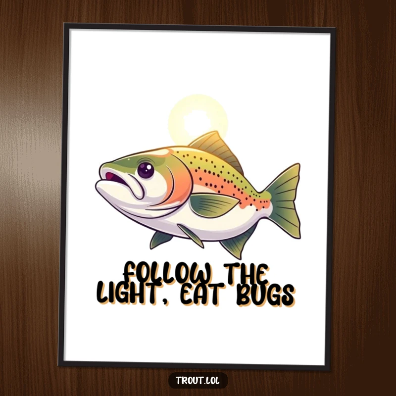Funny Free Printable Wall Art depicting a trout with unwavering determination, swimming towards a bright distant light, symbolizing hope and focus.