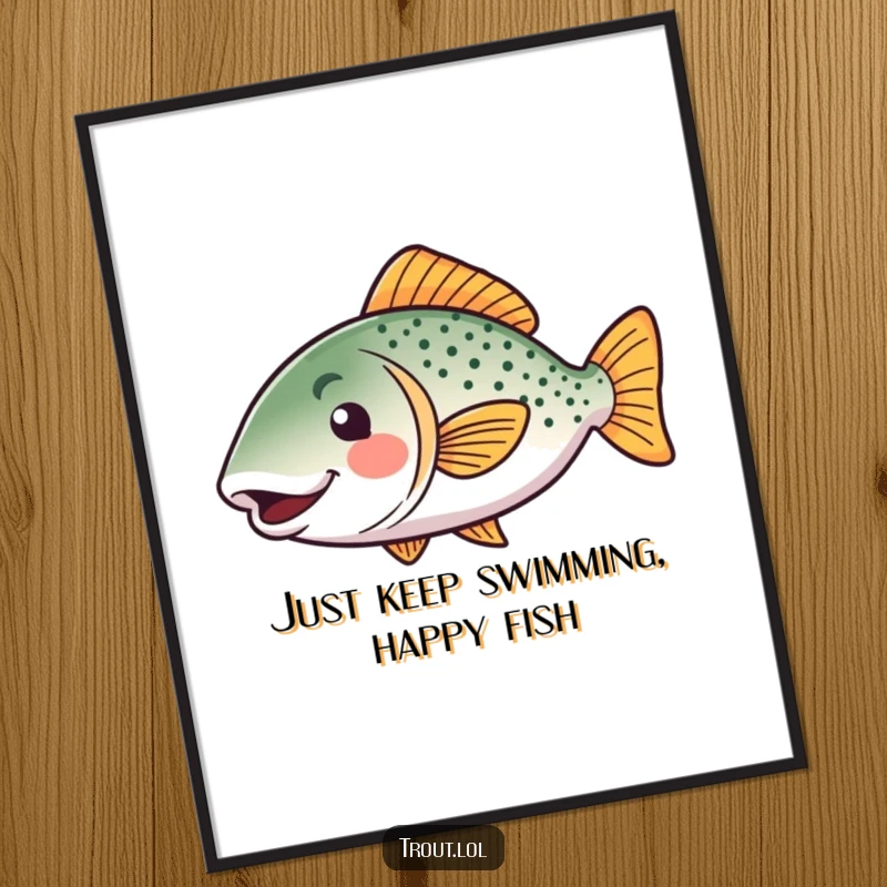Funny Free Printable Wall Art: A kawaii trout with a joyful wiggle of its tail, bringing aquatic charm.