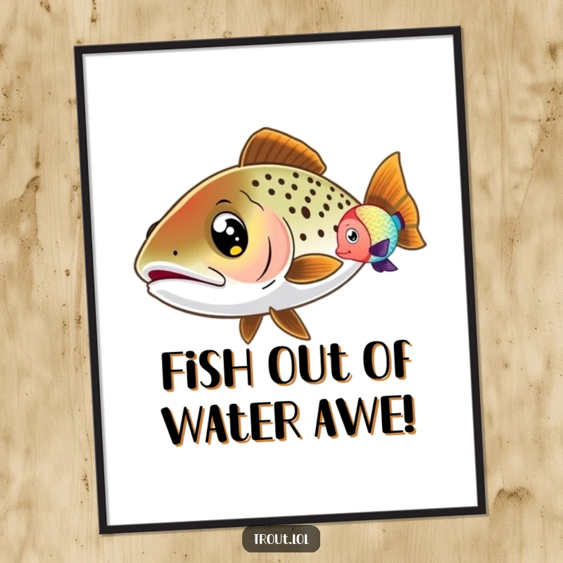 Funny free printable wall art showcasing a trout with large, expressive eyes observing a stunningly colorful fish swimming past.