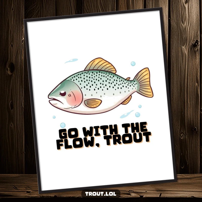 Funny Free Printable Wall Art: A trout with eyes closed floats peacefully in clear blue water. Relaxing ambiance.