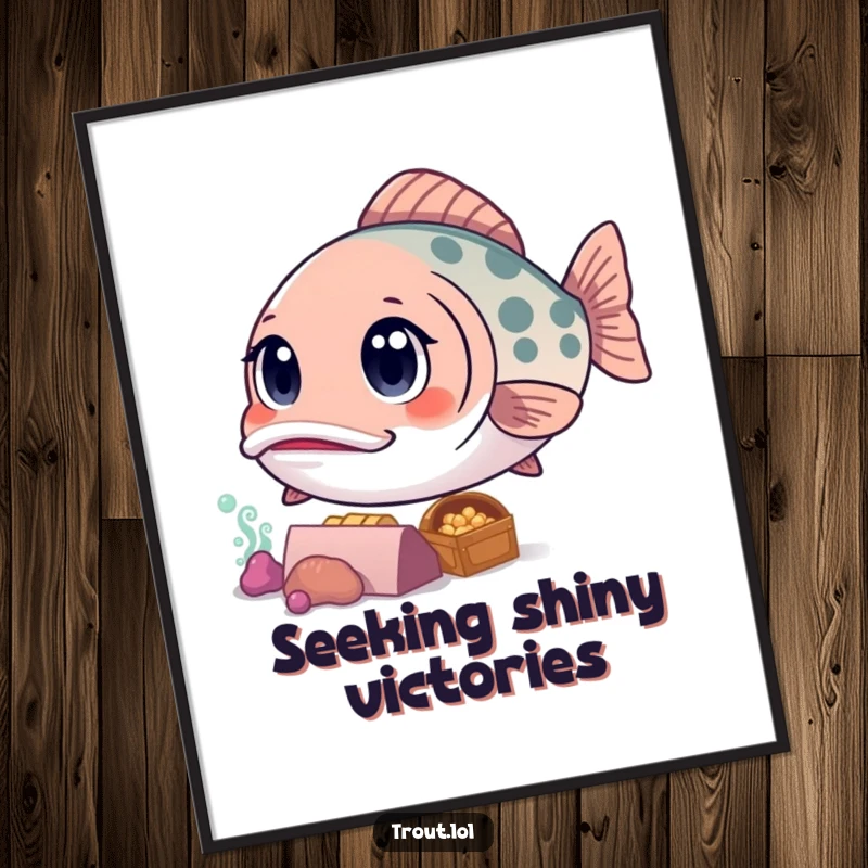 Funny Free Printable Wall Art of a kawaii trout with wide, curious eyes, looking at a sunken treasure chest, adding mystery to decor.