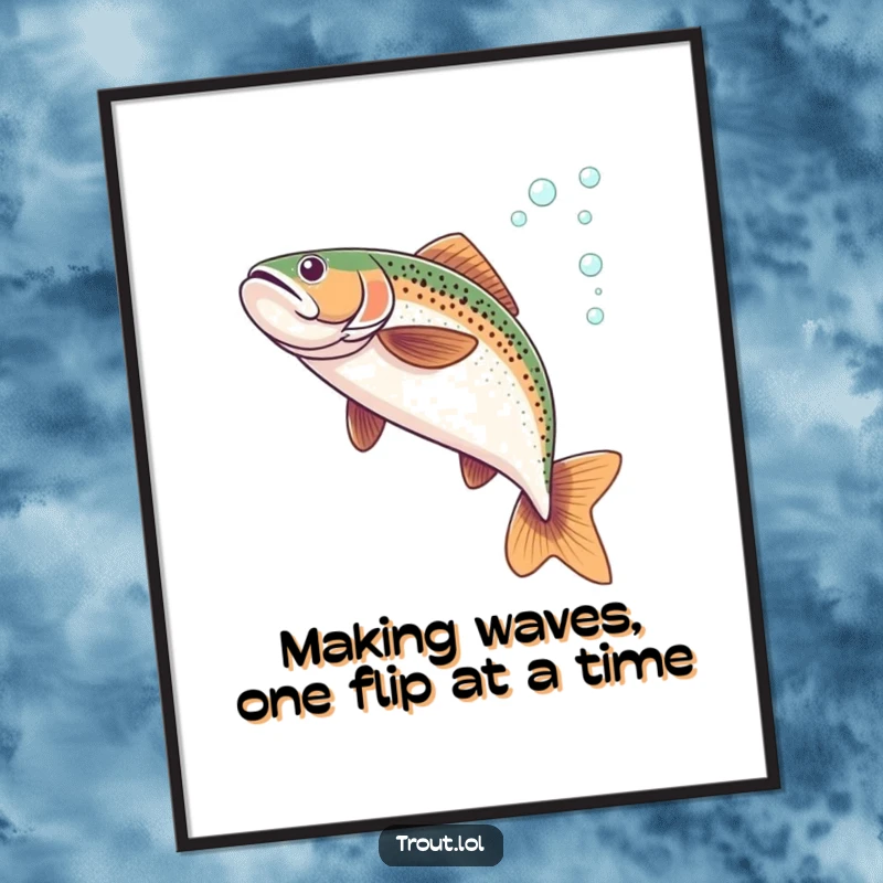 Funny Free Printable Wall Art capturing a trout's dynamic underwater flip, with a delightful trail of bubbles.