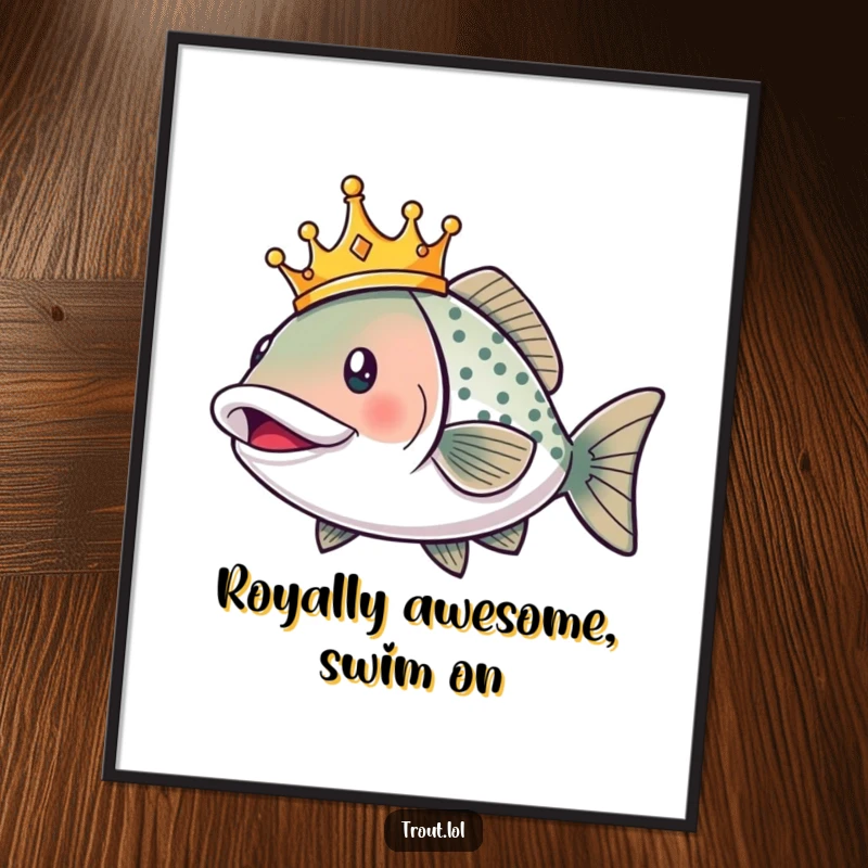 Funny Free Printable Wall Art of a smiling trout wearing a majestic crown, swimming with excited, regal flair.