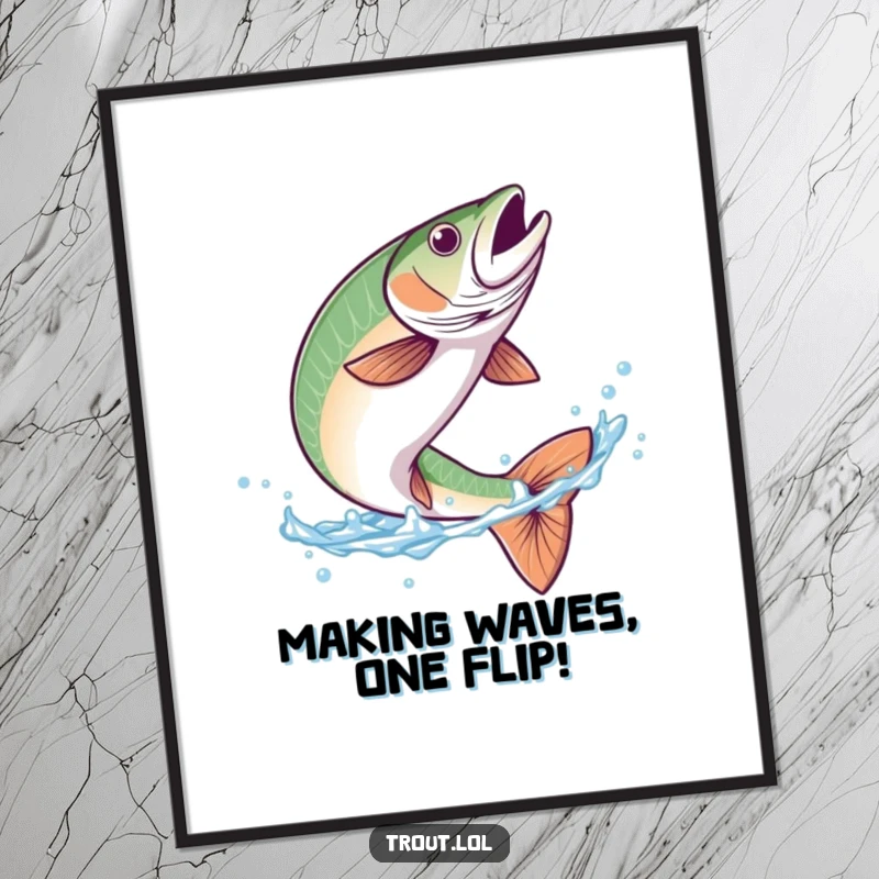 Funny Free Printable Wall Art: A trout performs an elegant flip in clear blue water, adding a touch of aquatic fun.