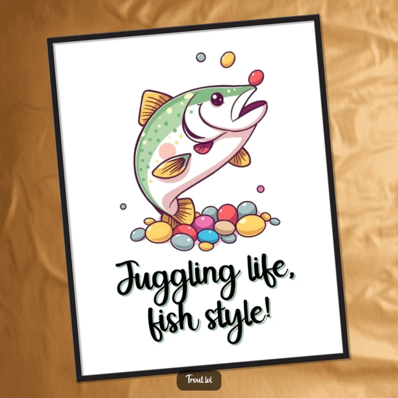 Funny Free Printable Wall Art: A trout skillfully juggles colorful pebbles with its fins, creating a mesmerizing scene.