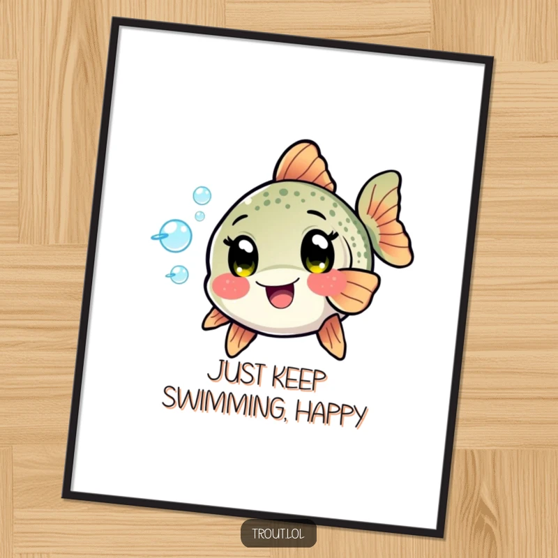 Funny Free Printable Wall Art: A kawaii trout with bright, excited eyes playfully blowing a cascade of delightful bubbles.