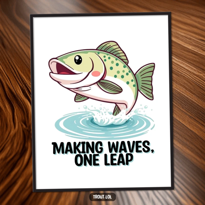 Funny Free Printable Wall Art: A smiling kawaii trout with a wide, happy grin, joyfully leaping out of the water in a dynamic pose.