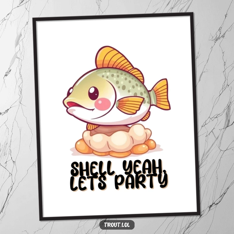 Funny Free Printable Wall Art: A happy trout playfully nudges a friendly seashell in a whimsical underwater scene.
