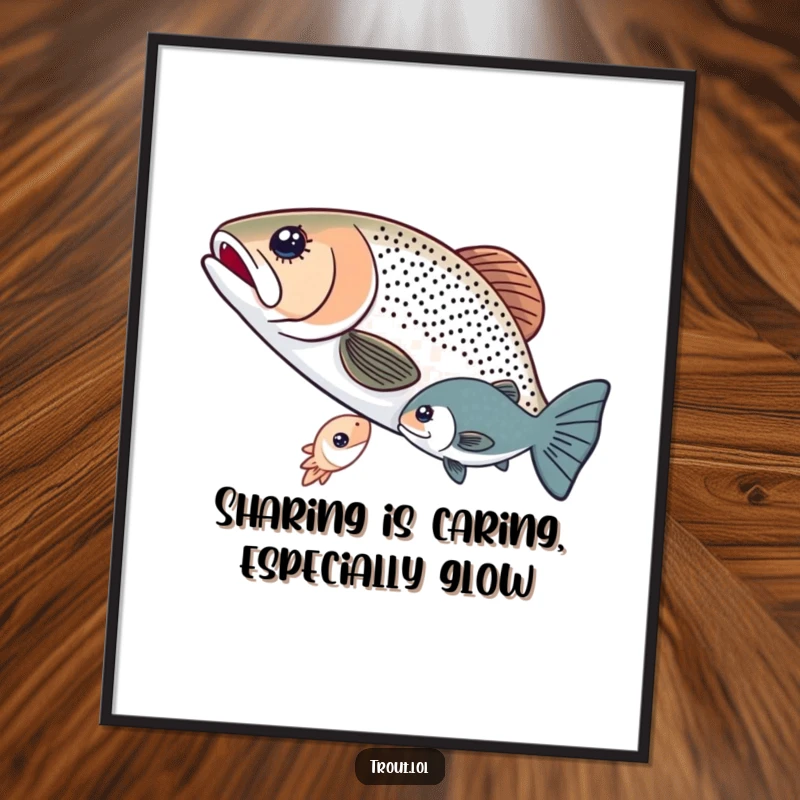 Funny free printable wall art showing two trout sharing a small, glowing microorganism underwater, highlighting connection and gentle luminosity.