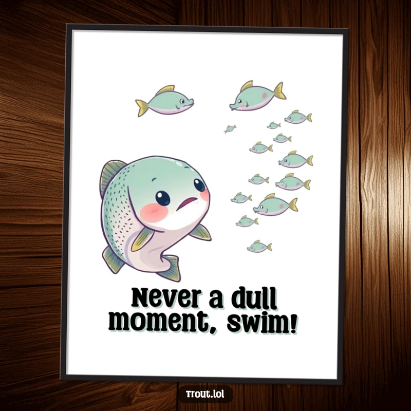 Funny Free Printable Wall Art: A trout's wide-eyed surprise as tiny fish swim past creates a humorous underwater scene.