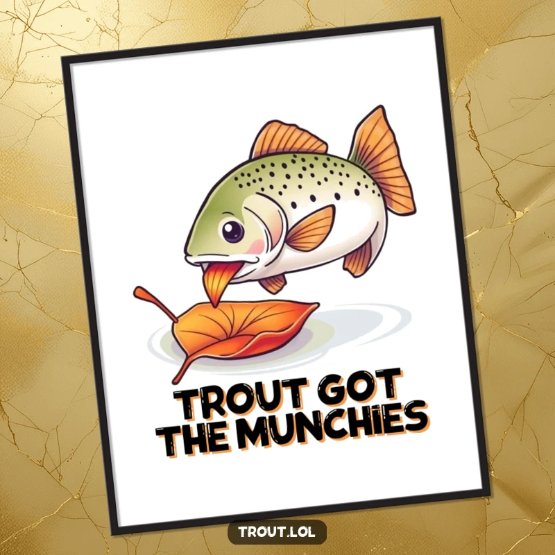 Funny Free Printable Wall Art: A trout is enthusiastically nibbling on a vibrant, drifting leaf.