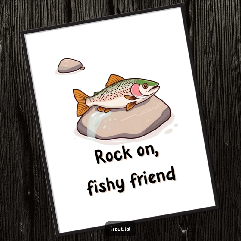 Funny Free Printable Wall Art: A trout joyfully slides down a smooth river rock, capturing a moment of aquatic fun.