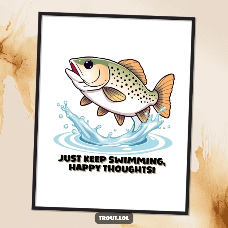 Funny Free Printable Wall Art of a trout joyfully splashing water with its tail, adding a humorous touch to any room.