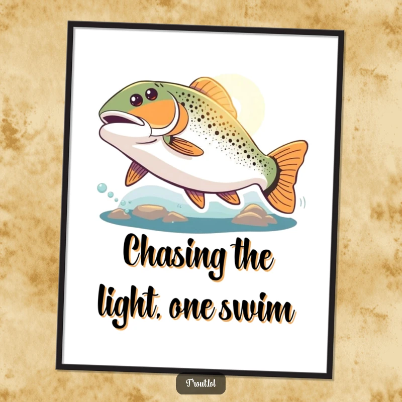 Funny Free Printable Wall Art of a trout passionately swimming towards a bright, distant light, representing ambition, hope, and overcoming obstacles.