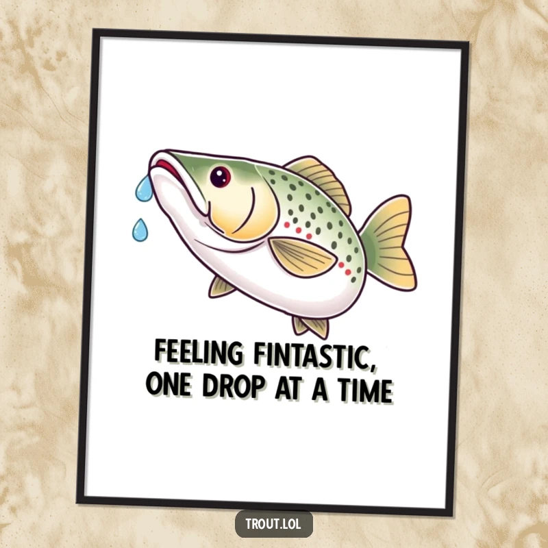 Funny Free Printable Wall Art: A trout joyfully catching a falling water droplet on its nose, framed with humor and satisfaction.