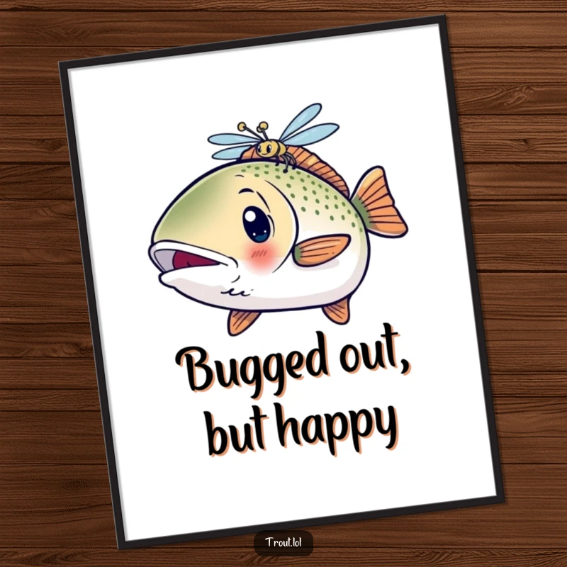 Funny Free Printable Wall Art: a kawaii trout with wide eyes looks surprised by a hovering dragonfly.