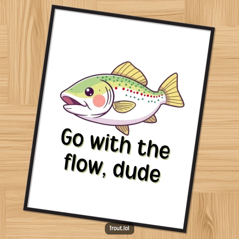 Funny Free Printable Wall Art depicting a cheerful trout with fins outstretched, joyfully gliding through vibrant blue water, bringing smiles to any room.