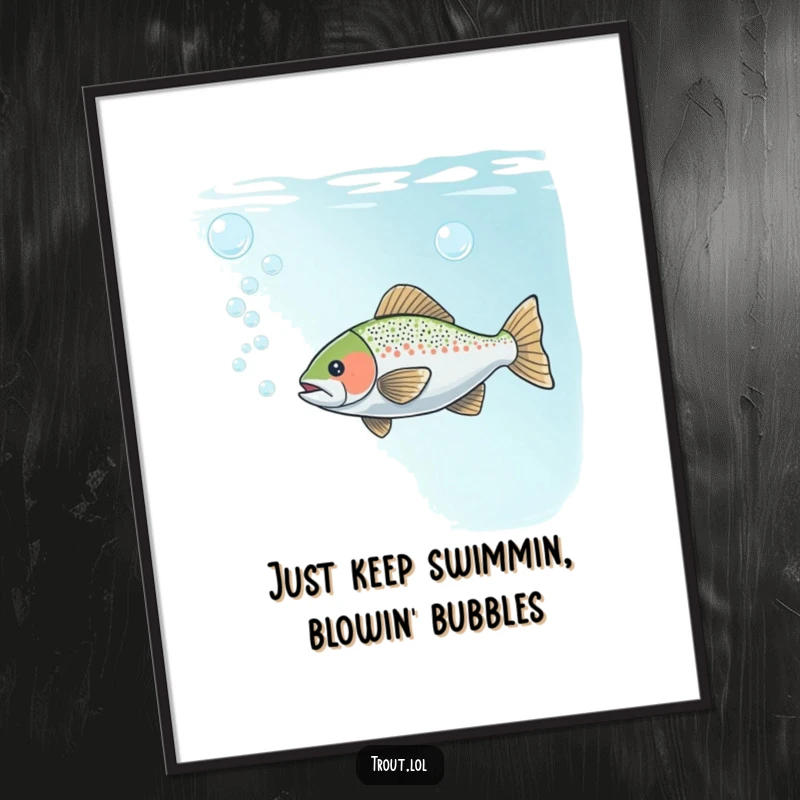 Funny Free Printable Wall Art of a trout playfully blowing numerous bubbles underwater, creating a serene yet amusing scene.