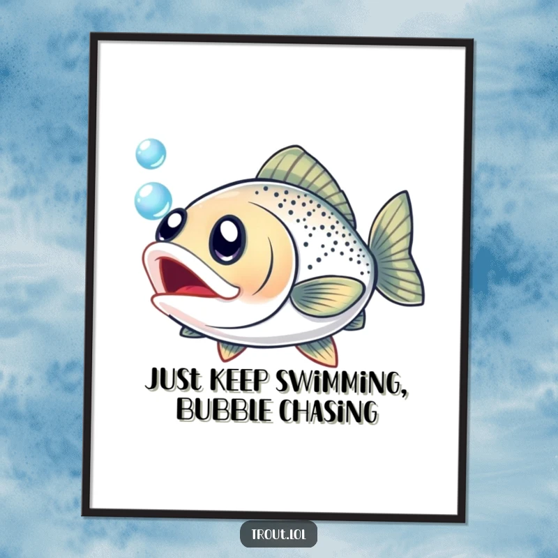 Funny Free Printable Wall Art: A humorous trout with bulging eyes intensely chasing a floating bubble, rendered with charm.