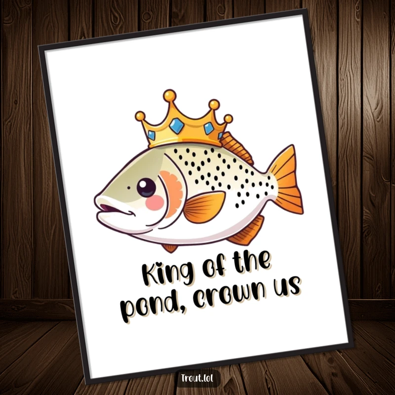 Funny Free Printable Wall Art: a kawaii trout reigns supreme, wearing a tiny golden crown on its head.
