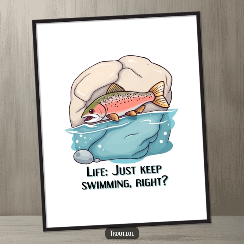 Funny Free Printable Wall Art capturing a trout playfully smacking into a smooth rock underwater, creating a humorous and charming scene for your home.