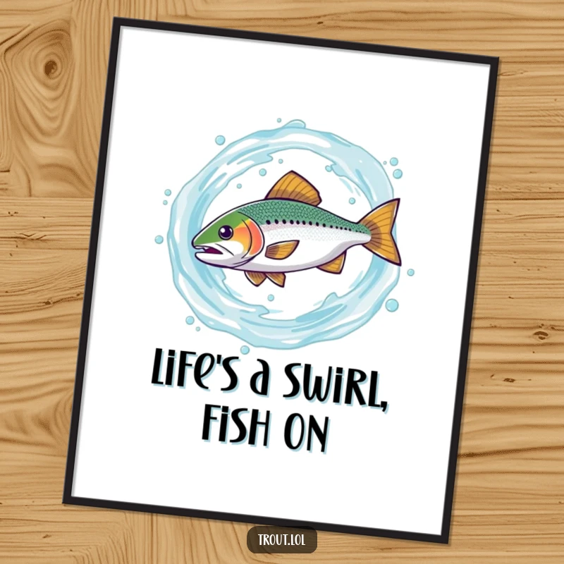 Funny Free Printable Wall Art: A trout comically spinning wildly in a water swirl, a humorous and dynamic piece of downloadable art.