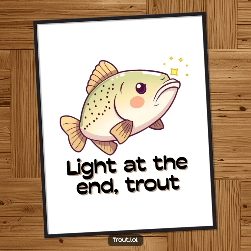 Funny Free Printable Wall Art: a cute kawaii trout playfully chases a bright, shimmering speck of light.