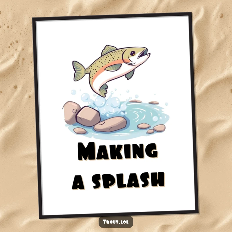 Funny Free Printable Wall Art: A trout leaps playfully out of a bubbly stream, capturing a moment of pure, aquatic fun.