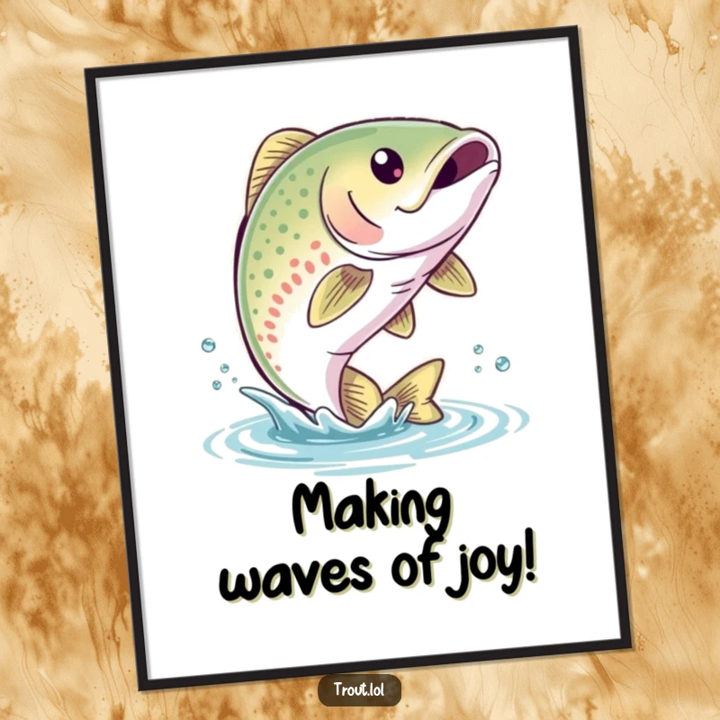 Funny free printable wall art of a cute, bubbly-smiling trout captured mid-leap out of the water, radiating pure joy.