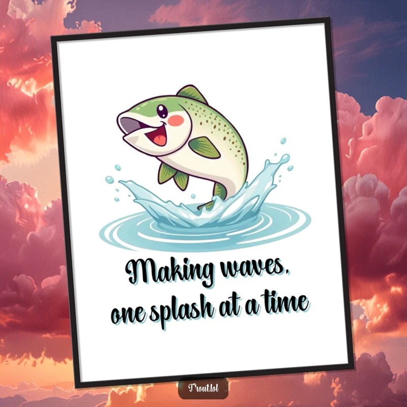 Funny Free Printable Wall Art showcasing a happy trout leaping high out of the water with a dynamic splash, full of joy.