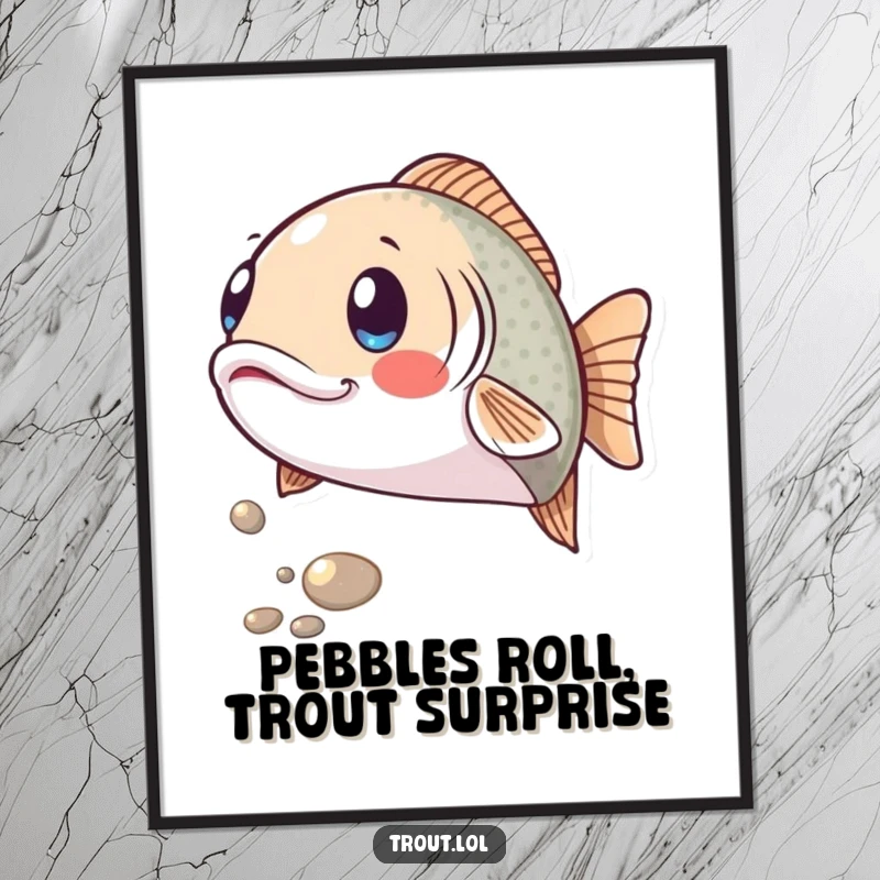Funny Free Printable Wall Art: A trout displays a surprised expression as a shiny pebble rolls past, a humorous and whimsical downloadable piece.