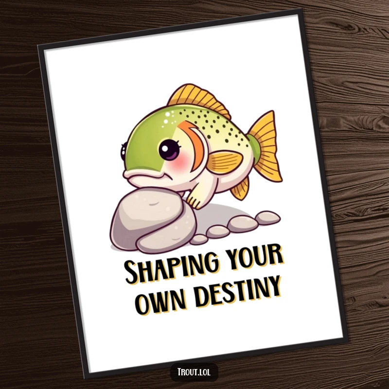 Funny Free Printable Wall Art of a kawaii trout with a determined look, nudging a smooth pebble, symbolizing focus and drive in decor.