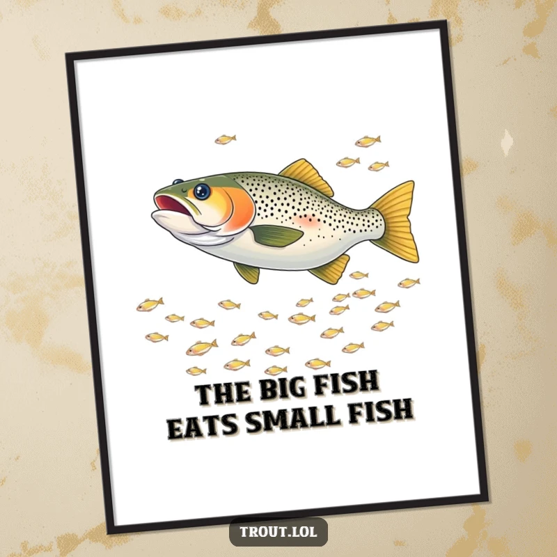 Funny Free Printable Wall Art of a trout energetically chasing a shimmering school of tiny fish, capturing a moment of lively pursuit.