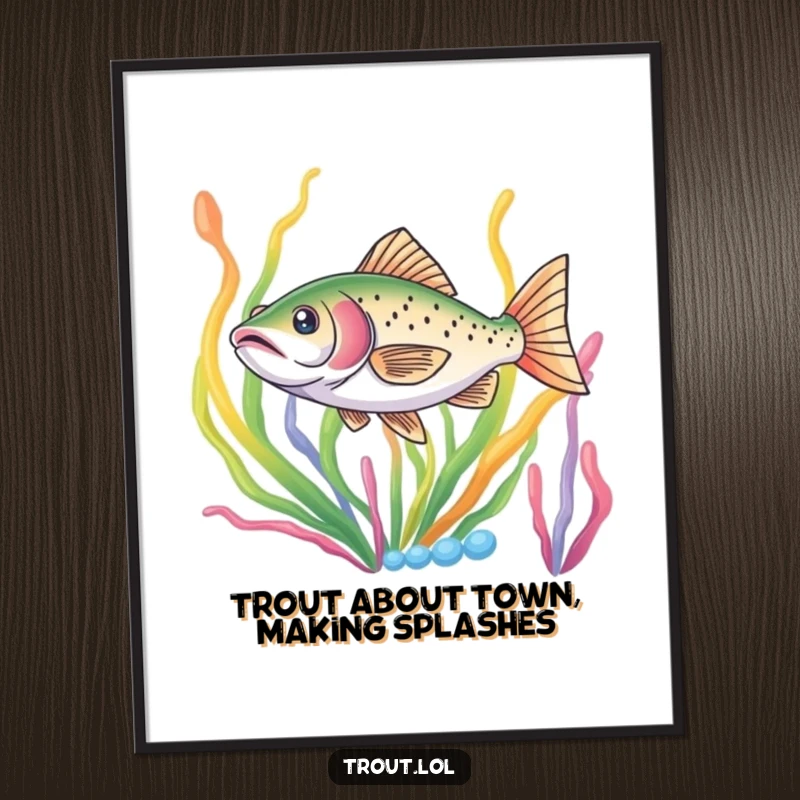 Funny Free Printable Wall Art: A trout swiftly darts through a vibrant array of colorful seaweed in a lively underwater scene.