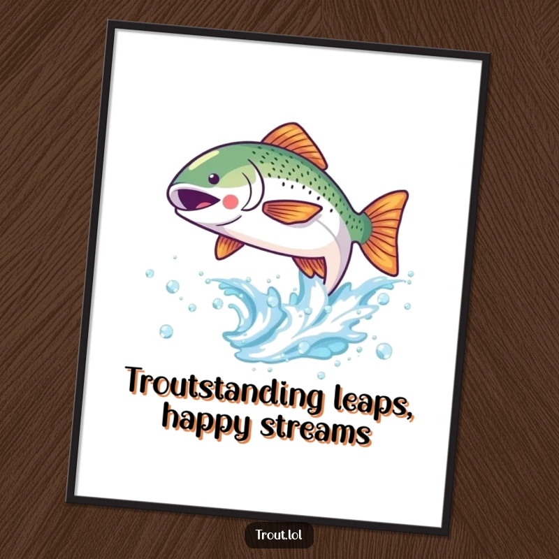 Funny Free Printable Wall Art: Kawaii trout joyfully leaping from a sparkling wave, delightful decor.