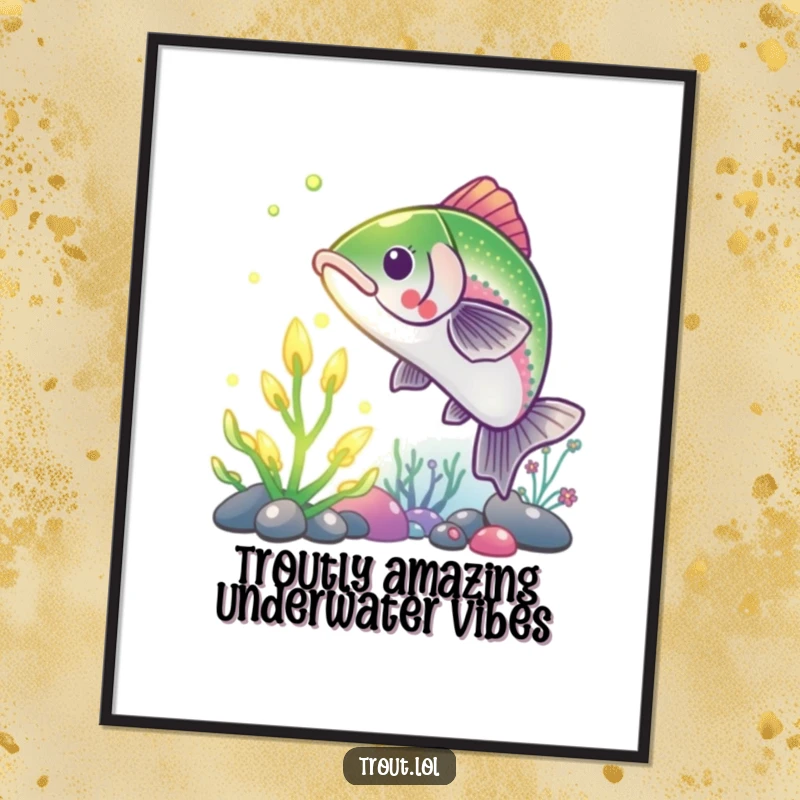 Funny Free Printable Trout Wall Art: A comical fish reaching for a glowing underwater plant, adding whimsical charm to any room.