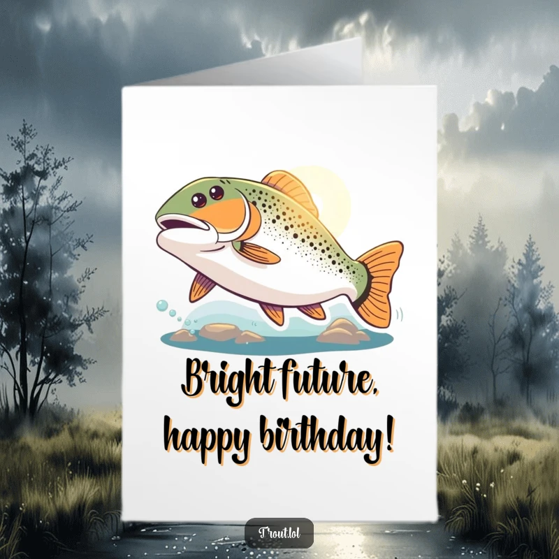 Funny Free Printable Birthday Card depicting a trout swimming with great enthusiasm towards a bright, hopeful light in the distance.