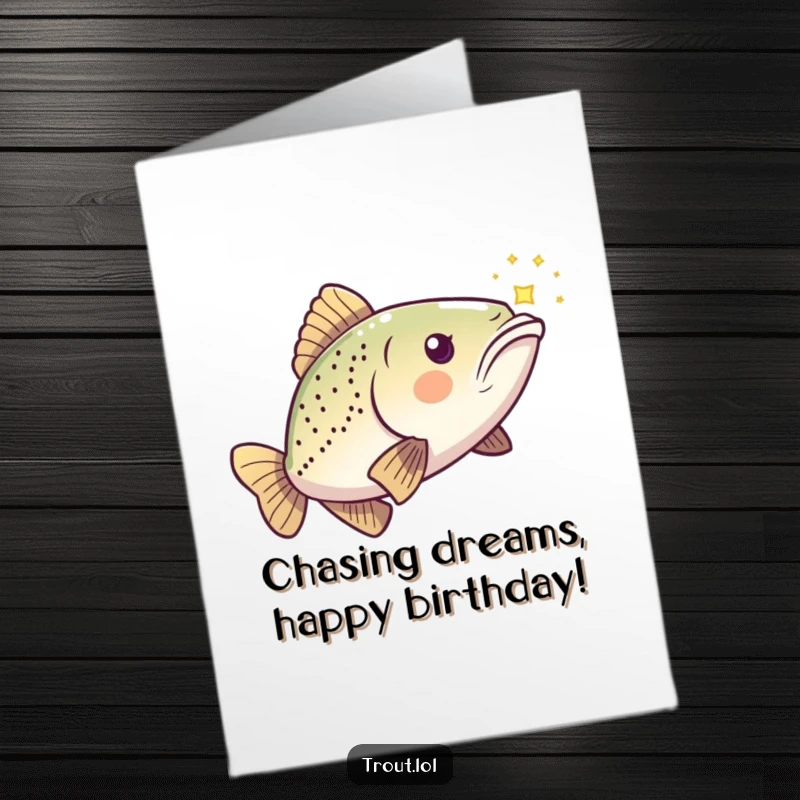 Funny Free Printable Birthday Card: a kawaii trout joyfully chases a small shimmer of light.