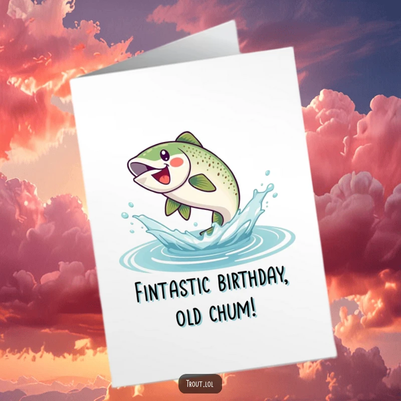 Funny Free Printable Birthday Card featuring a jubilant trout leaping joyfully out of the water, celebrating with a big splash.