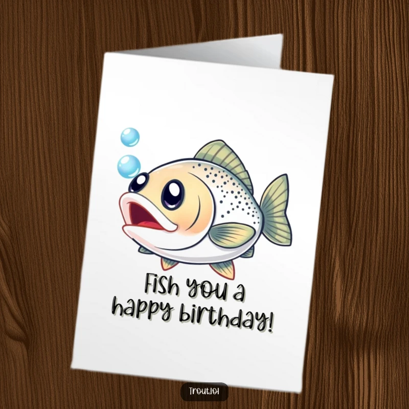 Funny Free Printable Birthday Card featuring a trout with huge eyes gleefully chasing a single shimmering bubble underwater.