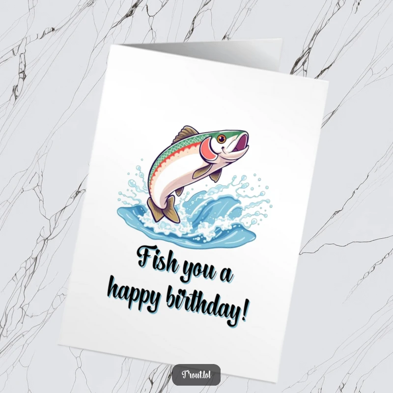 Funny Free Printable Birthday Card featuring a happy trout leaping from a sparkling wave, ready to make someone smile.