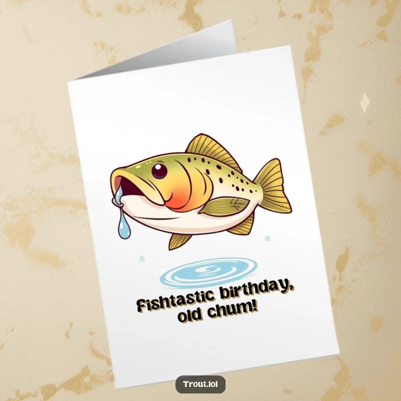 Funny Free Printable Birthday Card featuring a triumphant trout catching a water droplet on its nose with a smug expression.