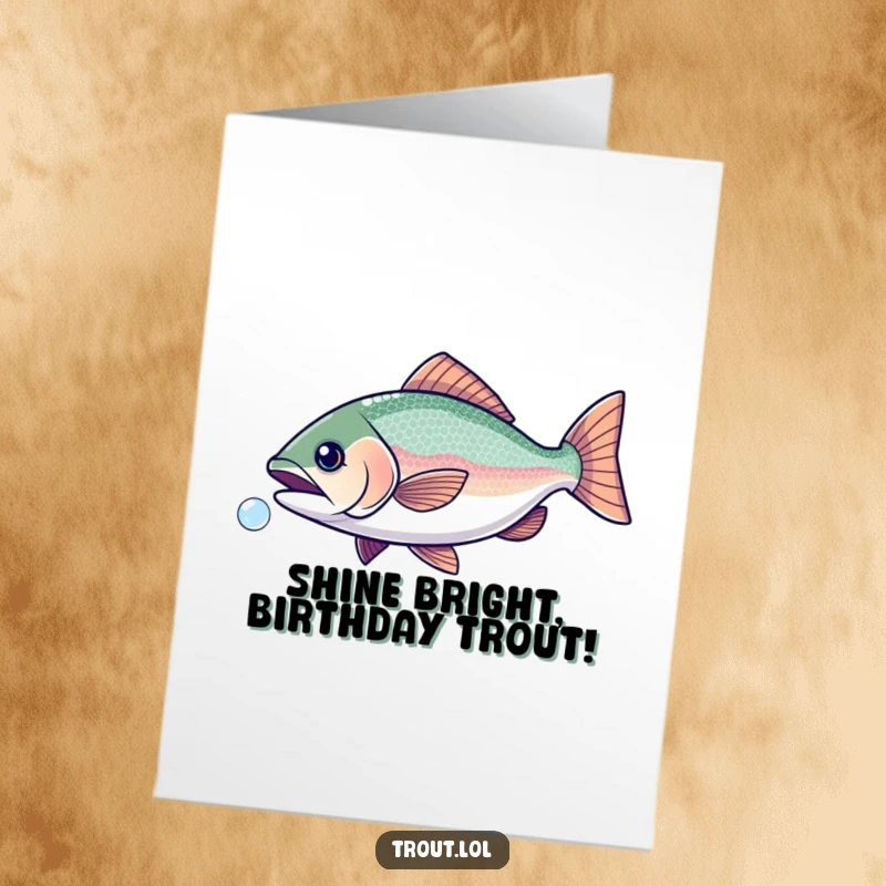 Funny Free Printable Birthday Card: Sparkly trout joyfully leaping to catch a tiny bubble, perfect for a laugh.