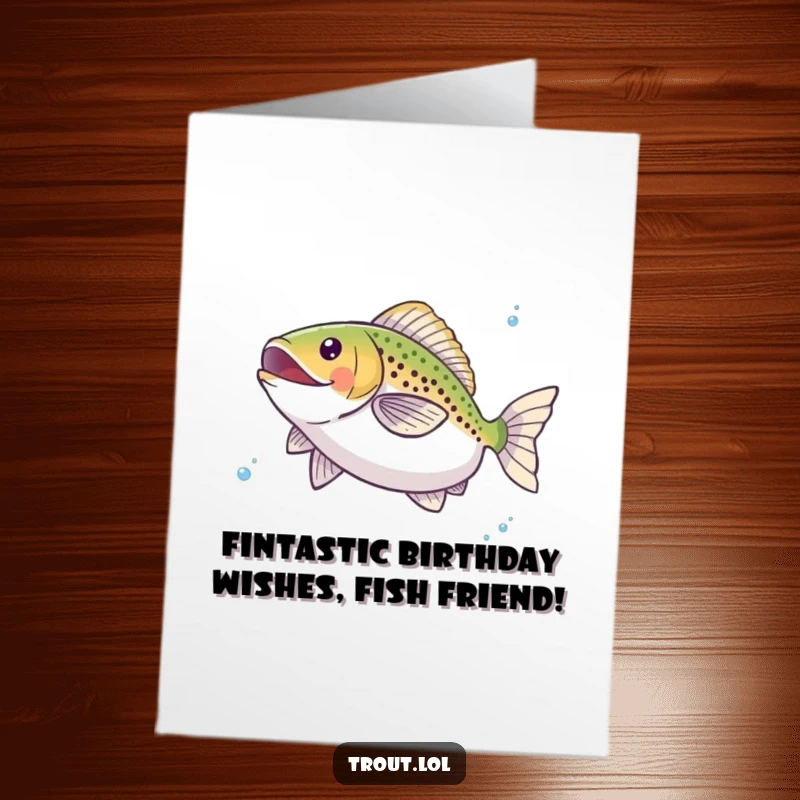 Funny free printable birthday card showing a joyful trout doing a graceful twirl underwater, exuding pure aquatic delight.