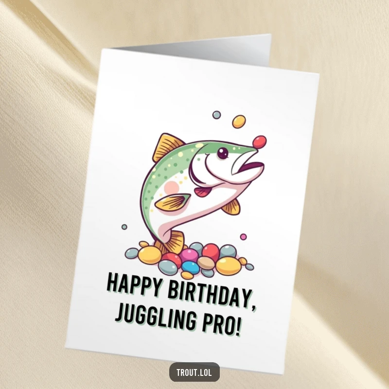 Funny Free Printable Birthday Card: A skilled trout juggles colorful pebbles with its fins, celebrating your special day.