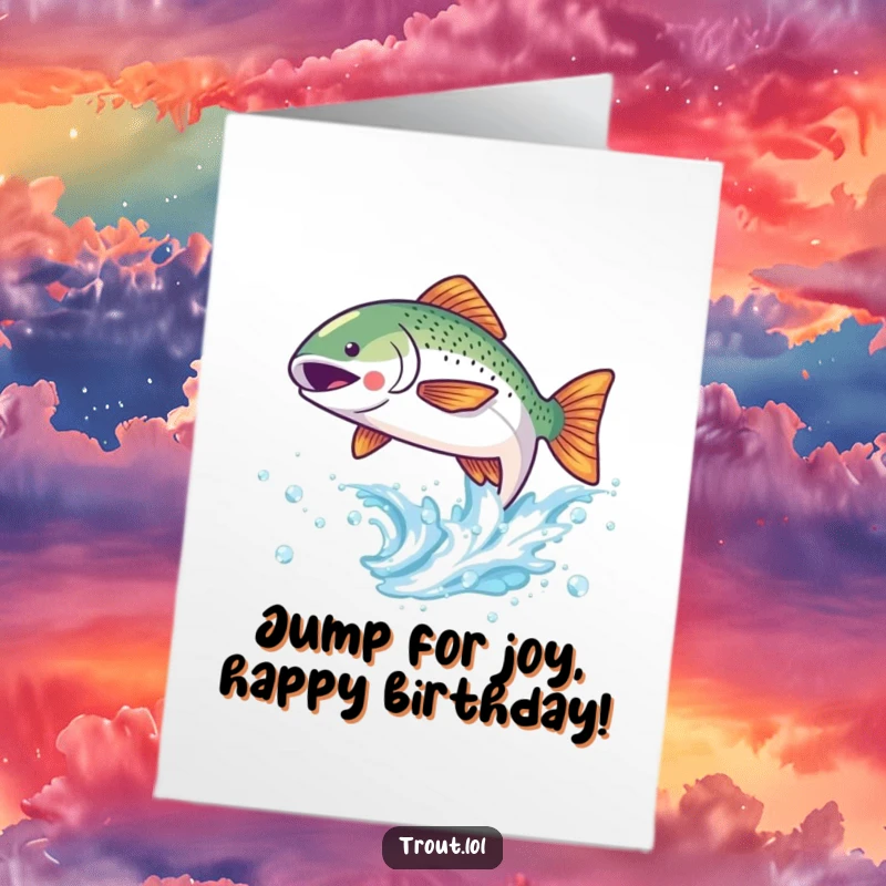 Funny Free Printable Birthday Card: Kawaii trout leaping from a sparkling wave, celebrating with joy.